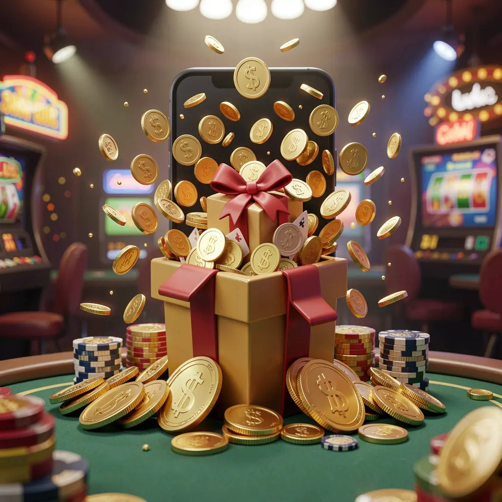 XN926 mobile casino bonus app concept showing a phone screen with a gift box and coins bursting out in a festive casino atmosphere