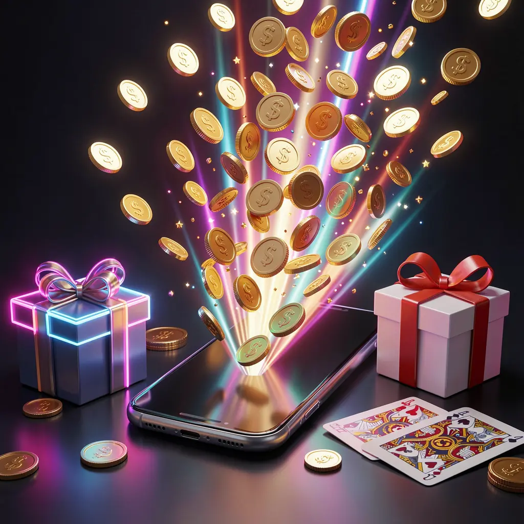 XN926 mobile casino bonus banner featuring a smartphone with coins bursting from the screen, a gift box and playing cards nearby, all illuminated by a bright neon glow in a premium realistic 3D render