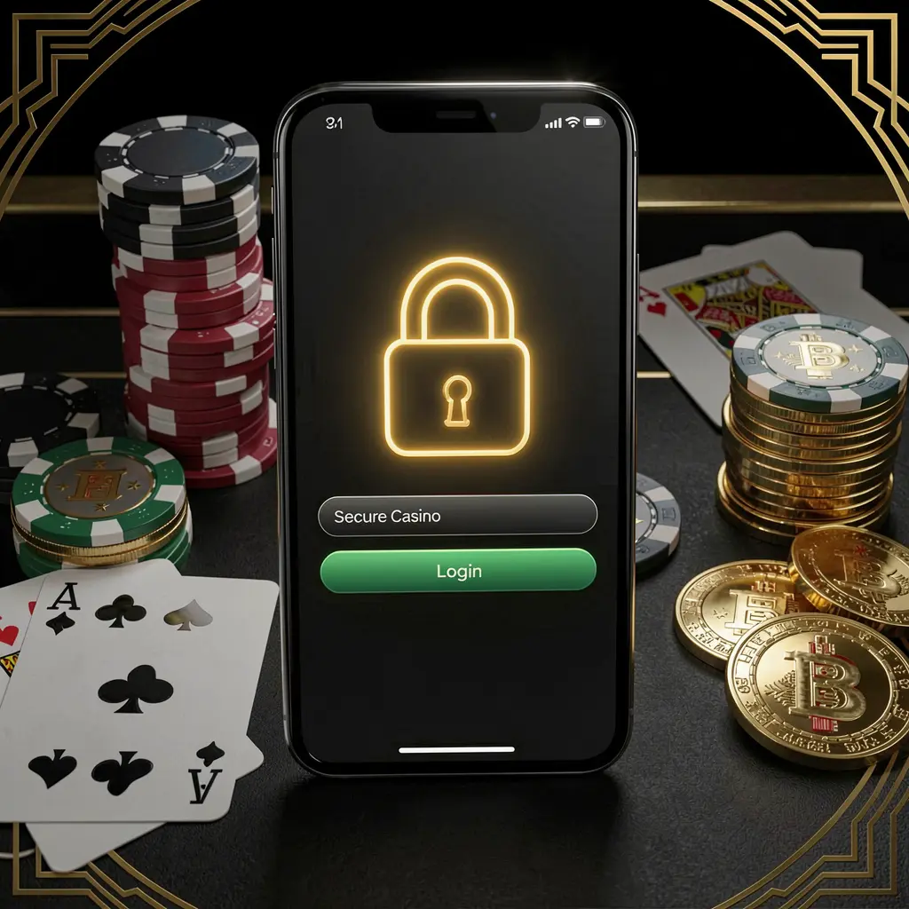 XN926 secure casino account login concept showing a glowing lock icon on a smartphone screen with poker chips, playing cards, and golden coins nearby against an elegant black and gold background