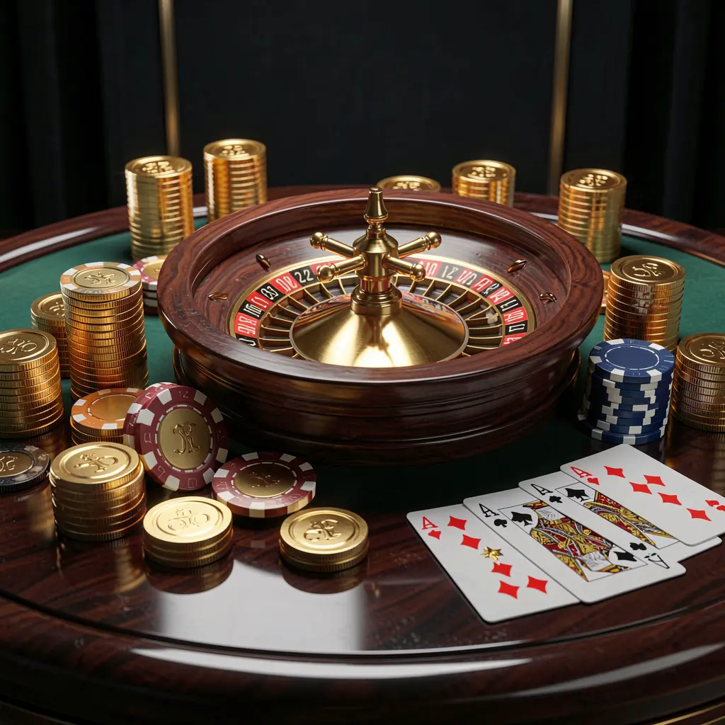 XN926 premium online casino banner featuring golden coins, glowing chips, a roulette wheel, and playing cards on a glossy table with an elegant dark background in a high detail realistic 3D render